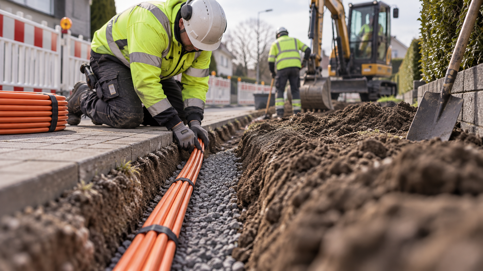 Fiber roll out in a suburb - a construction worker putting fiber in the ground. 